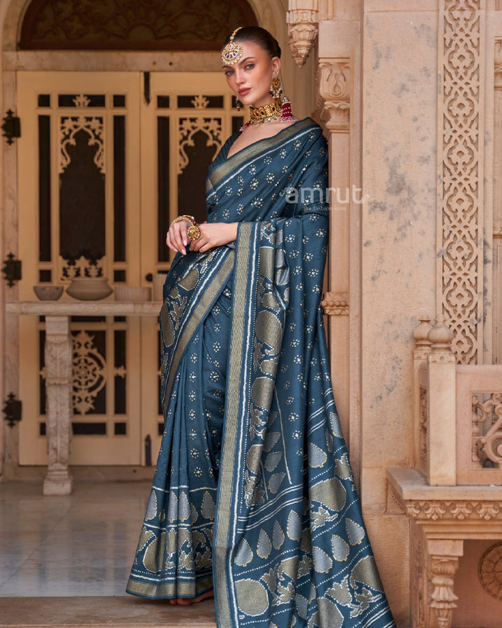 Peacock Blue Foil Printed Silk Saree With Zari Woven Border