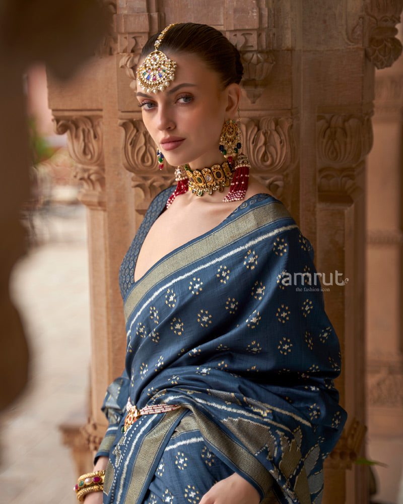 Peacock Blue Foil Printed Silk Saree With Zari Woven Border