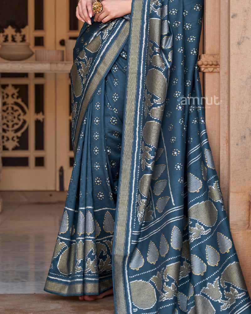 Peacock Blue Foil Printed Silk Saree With Zari Woven Border