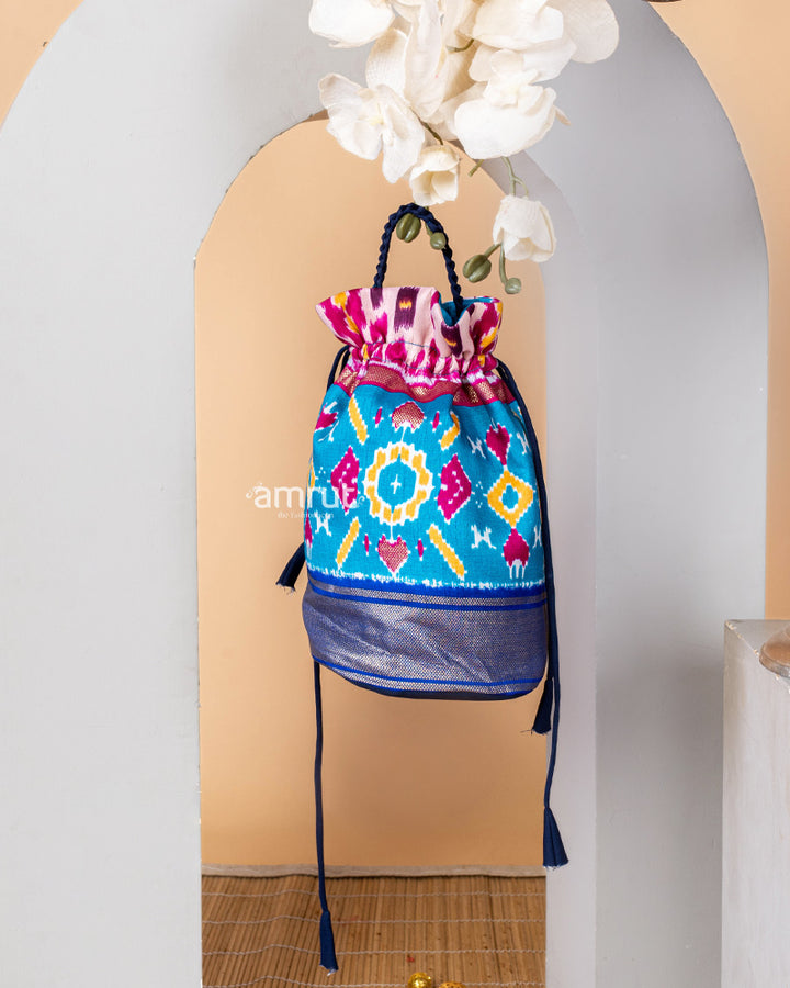 Peacock Blue Potli Bag for Women In Cotton Silk