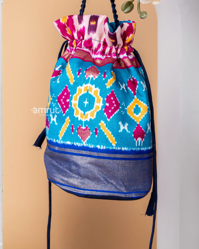 Peacock Blue Potli Bag for Women In Cotton Silk