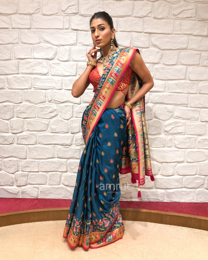 Peacock Blue Silk Saree With Printed Pallu