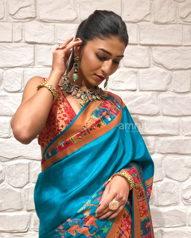 Peacock Blue Silk Saree With Printed Pallu