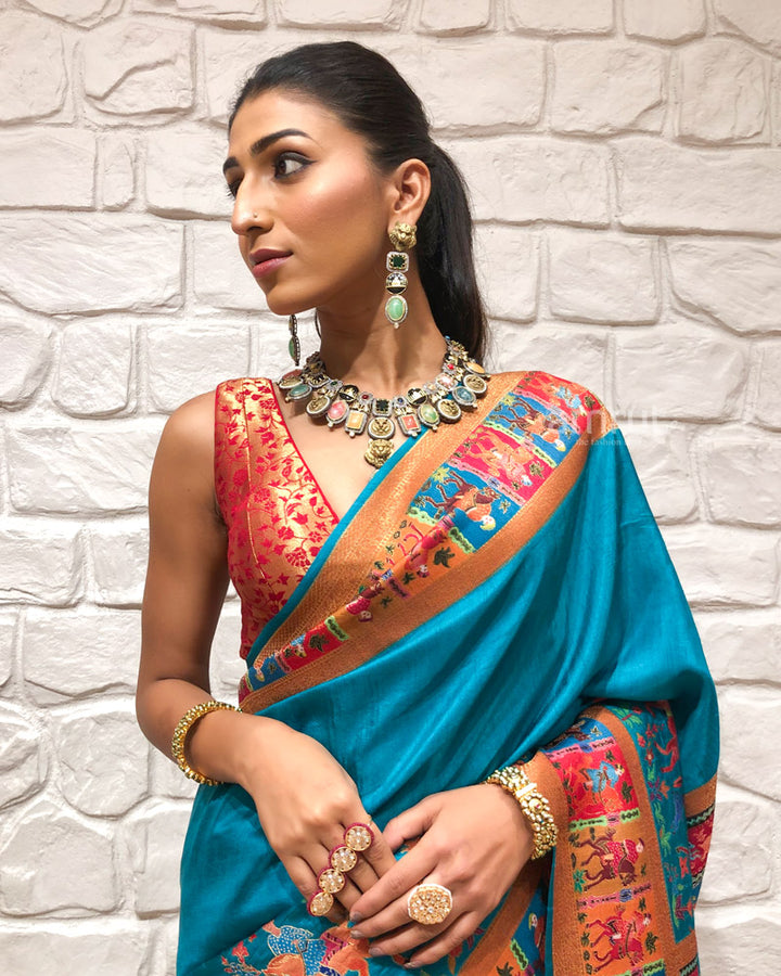 Peacock Blue Silk Saree With Printed Pallu