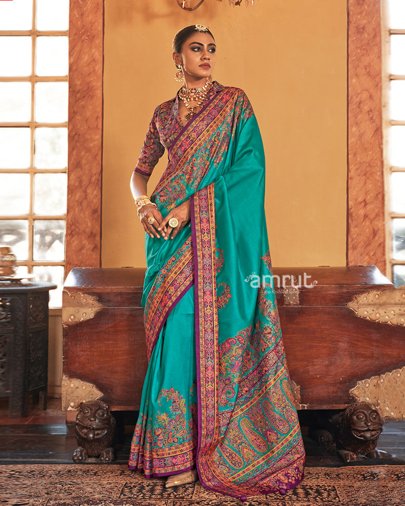 Peacock Green Saree with Multicolored Paisley Print and Unstitched Blouse 01