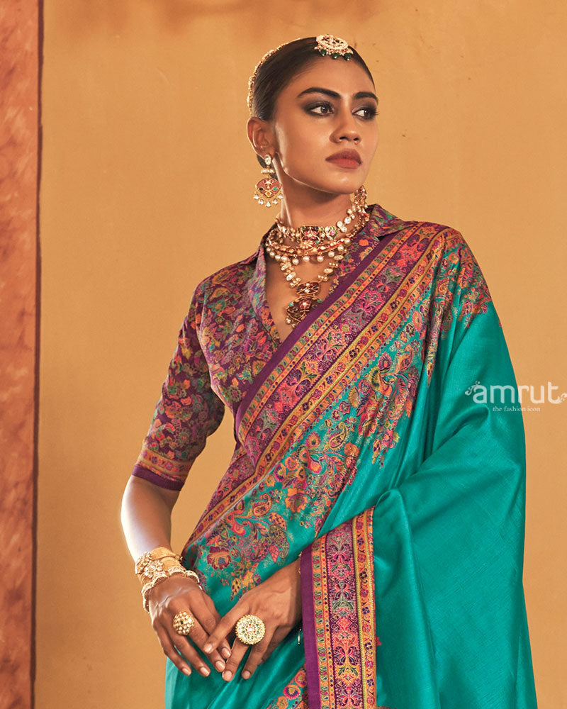 Peacock Green Saree with Multicolored Paisley Print and Unstitched Blouse 02