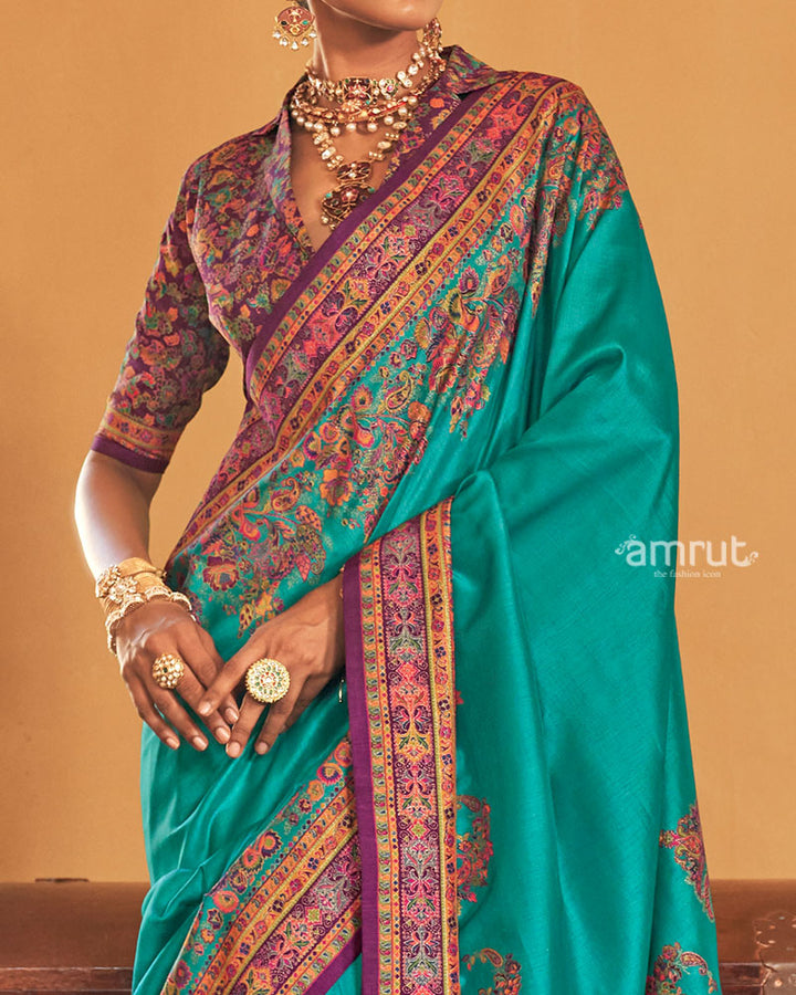 Peacock Green Saree with Multicolored Paisley Print and Unstitched Blouse 03