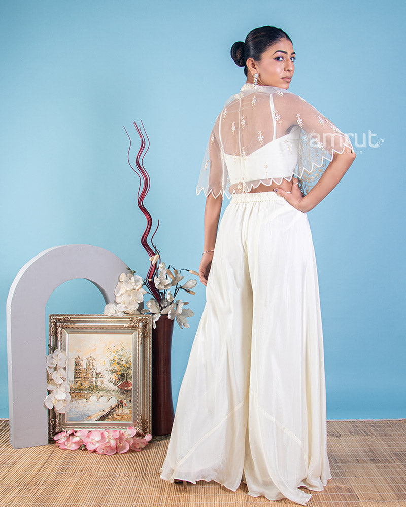 Pearl White Cape Style Jacket With Palazzo With Plunge Neckline Bustier
