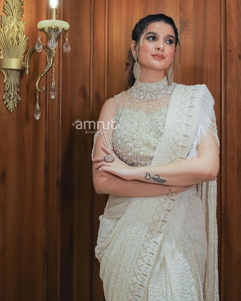 Pearl White Premium Georgette Saree with Cut Dana Embroidery and Readymade Blouse - AMRUT