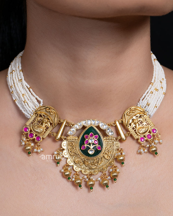 Pearl Beaded Choker Necklace with Kundan and Enamel Detailing 01