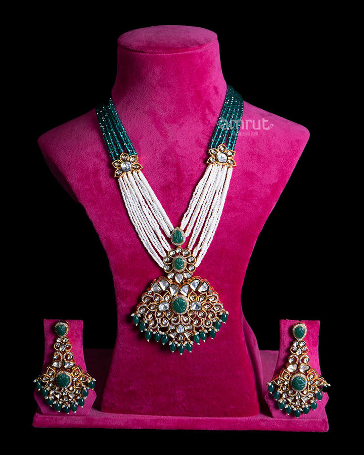 Pearl Embellishments with Green Gems Gold Toned Necklace  01