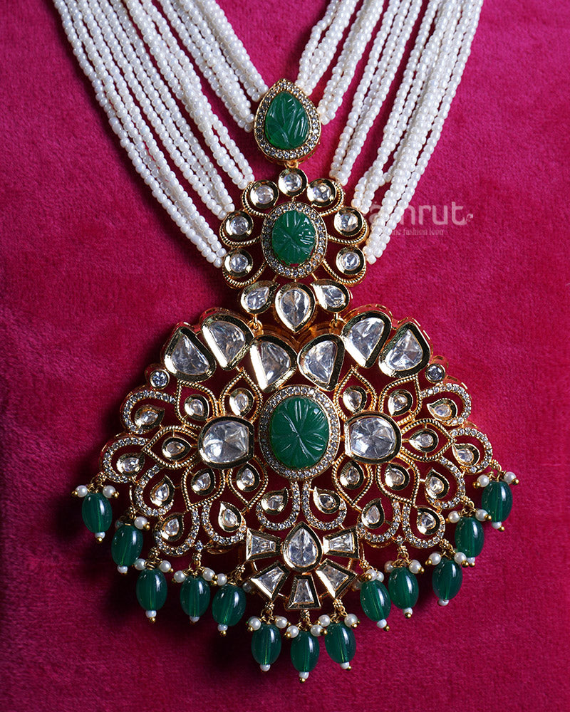 Pearl Embellishments with Green Gems Gold Toned Necklace  02