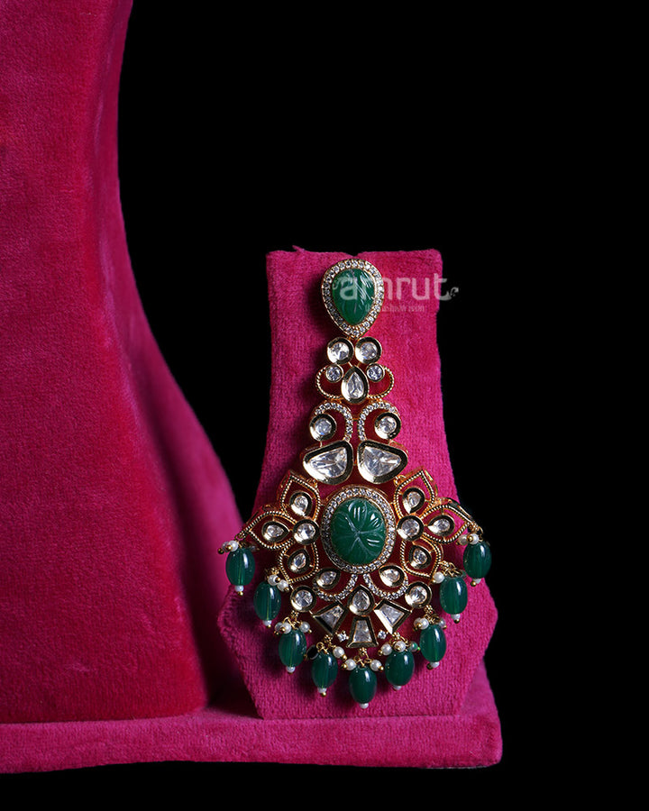 Pearl Embellishments with Green Gems Gold Toned Necklace  03