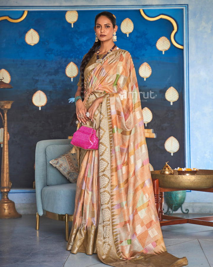 Persian Orange Digital Printed Silk Saree With Zari Woven Border