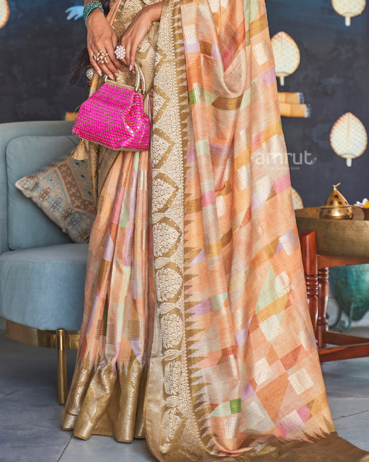 Persian Orange Digital Printed Silk Saree With Zari Woven Border