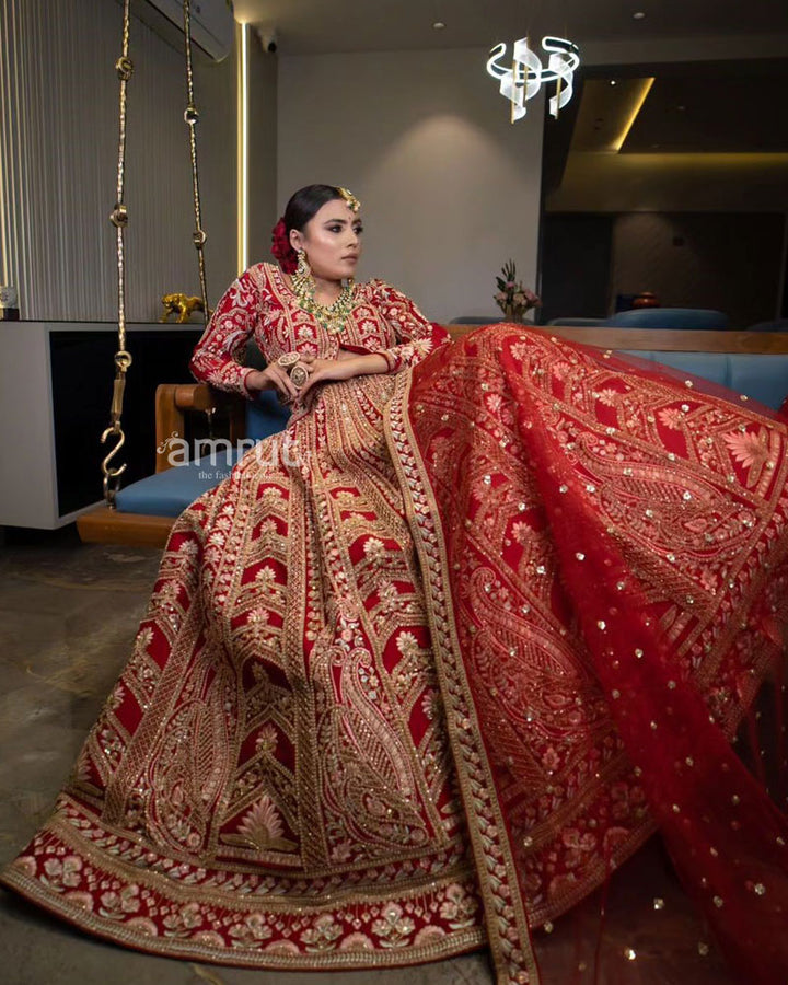 Persian Red Lehenga Choli in Silk with Multi Colored Hand Embroidered Mughal Kalis and Floral Motifs