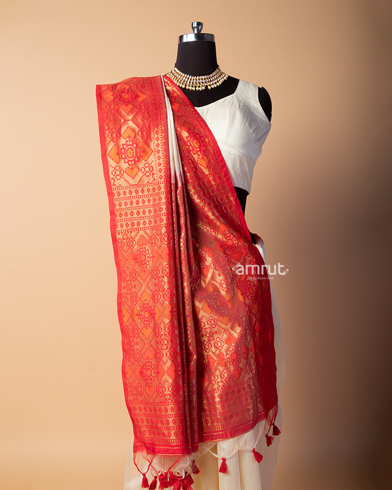 Persian Red Saree With Unstitched-Blouse