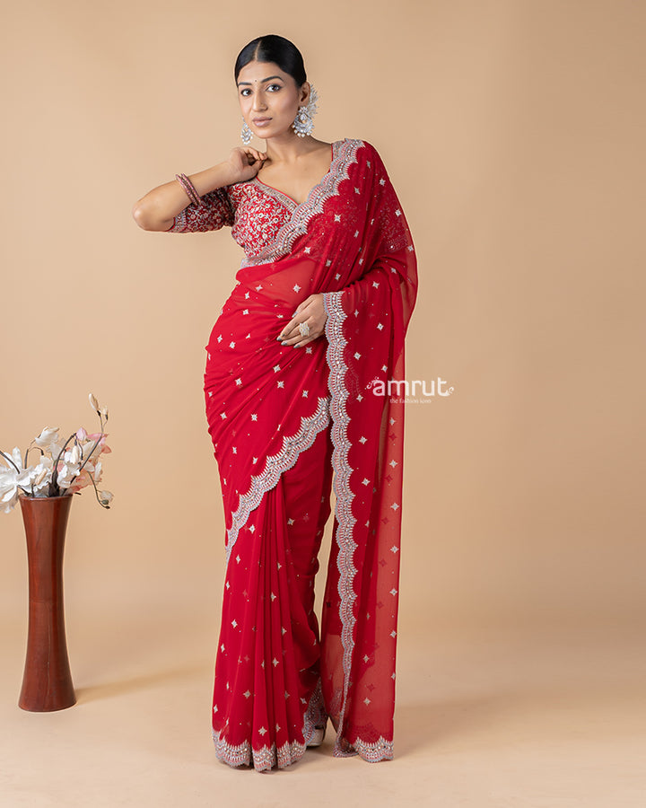 Persian Red Stone Embroidered Saree With Stitched Blouse