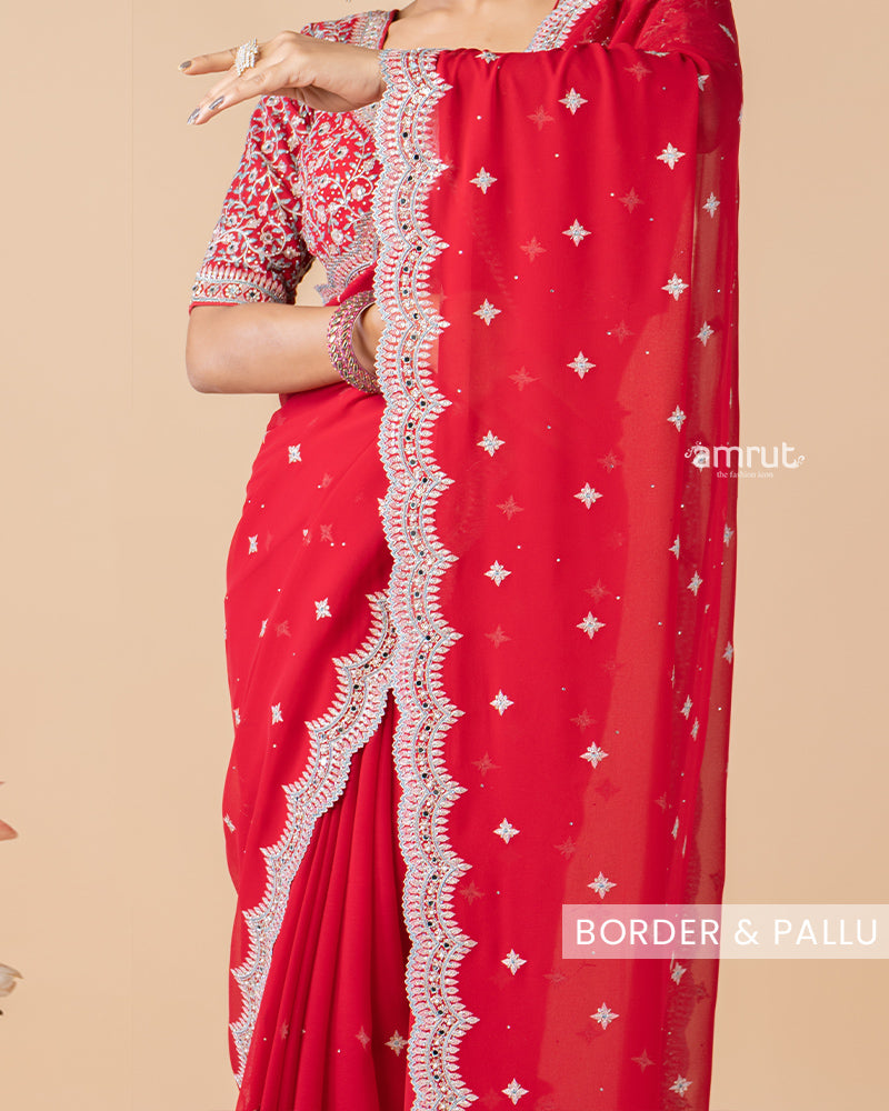 Persian Red Stone Embroidered Saree With Stitched Blouse