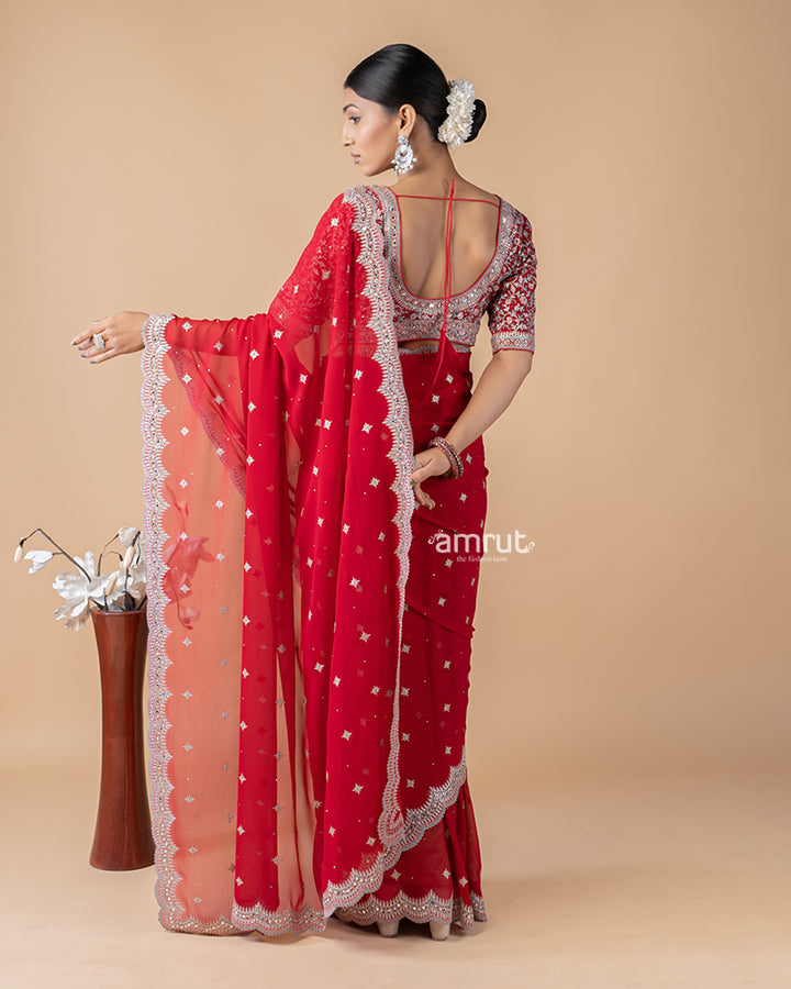 Persian Red Stone Embroidered Saree With Stitched Blouse