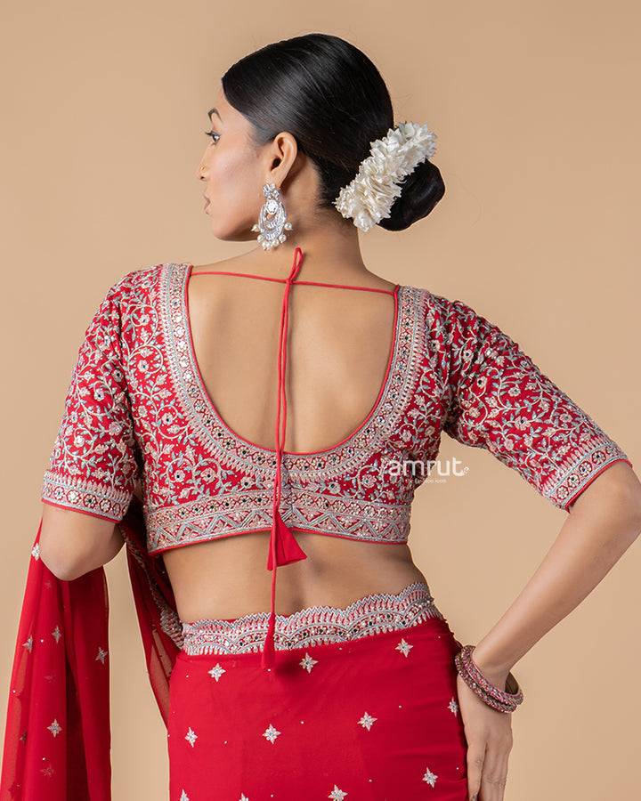 Persian Red Stone Embroidered Saree With Stitched Blouse