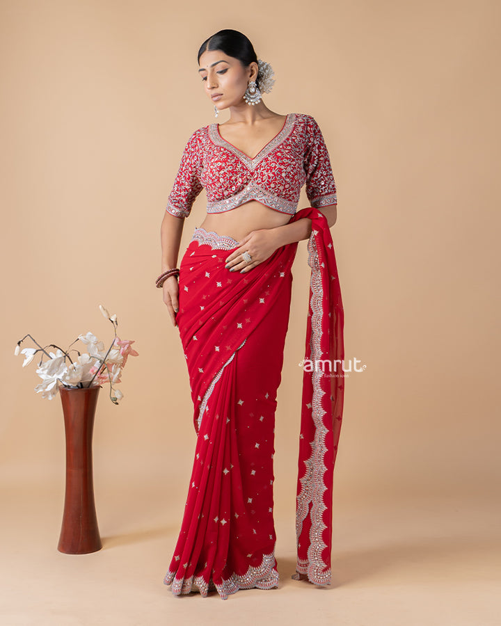 Persian Red Stone Embroidered Saree With Stitched Blouse