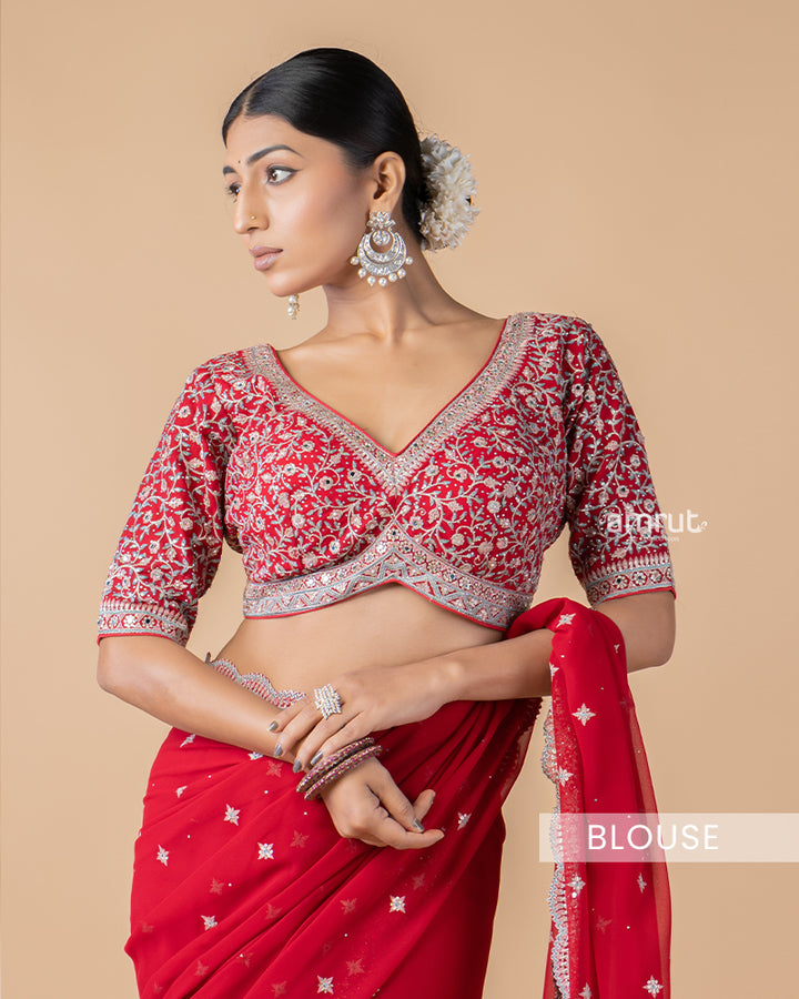 Persian Red Stone Embroidered Saree With Stitched Blouse