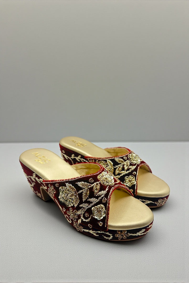 Maroon & Gold Embroidered Wedge Heels – Bridal & Festive Designer Footwear