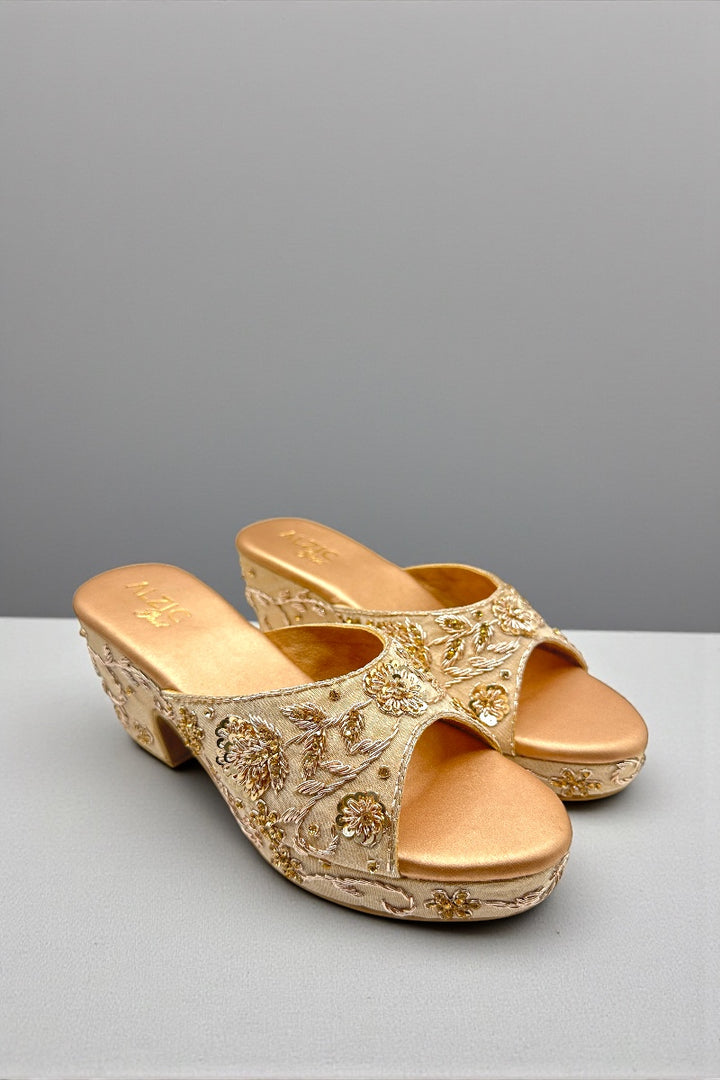 Ivory Gold Embroidered Wedge Heels – Bridal & Festive Designer Footwear