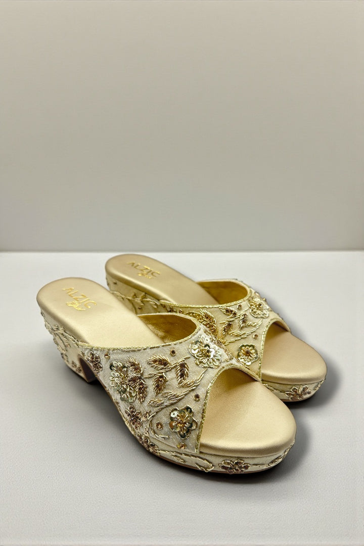 Gold Embroidered Designer Wedge Heels – Bridal & Festive Footwear