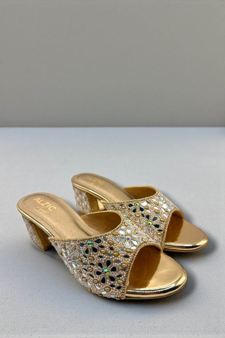 Gold Floral Embellished Block Heels Designer Festive & Wedding Footwear