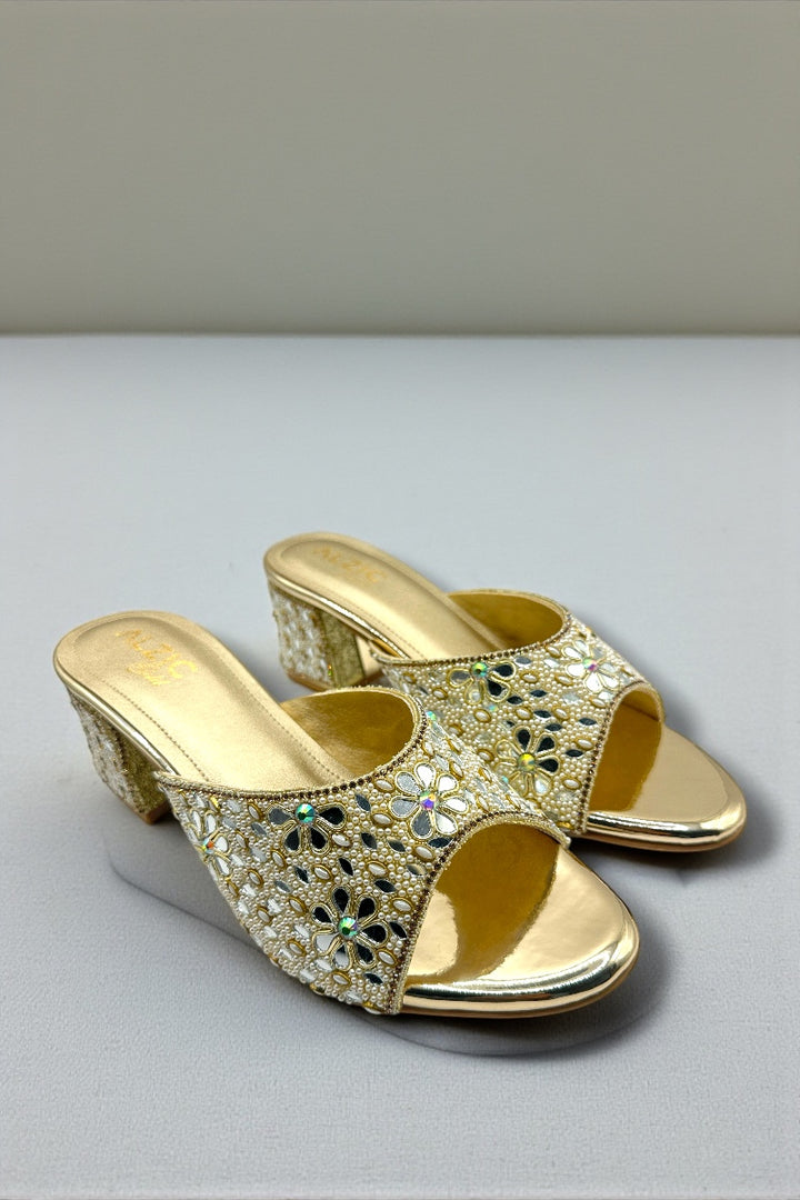 Gold Floral Mirror & Bead Embellished Block Heels Designer Festive & Wedding Footwear