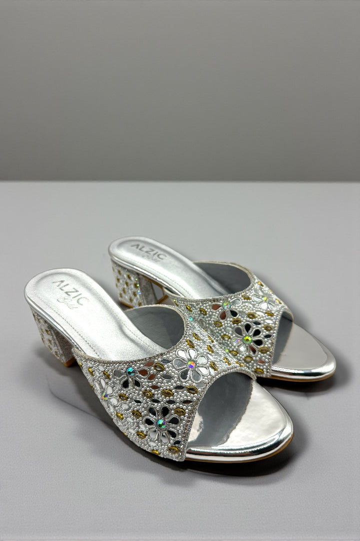 Silver Embroidered Block-Heel Slip-On Sandals Mirror & Pearl Work Party Footwear