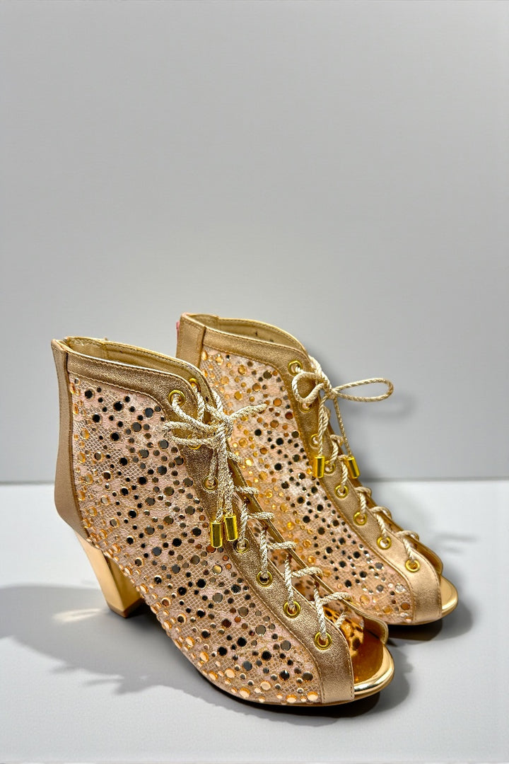 Golden Mesh Peep-Toe Heels with Lace-Up Detail – Glam Comfort Edition