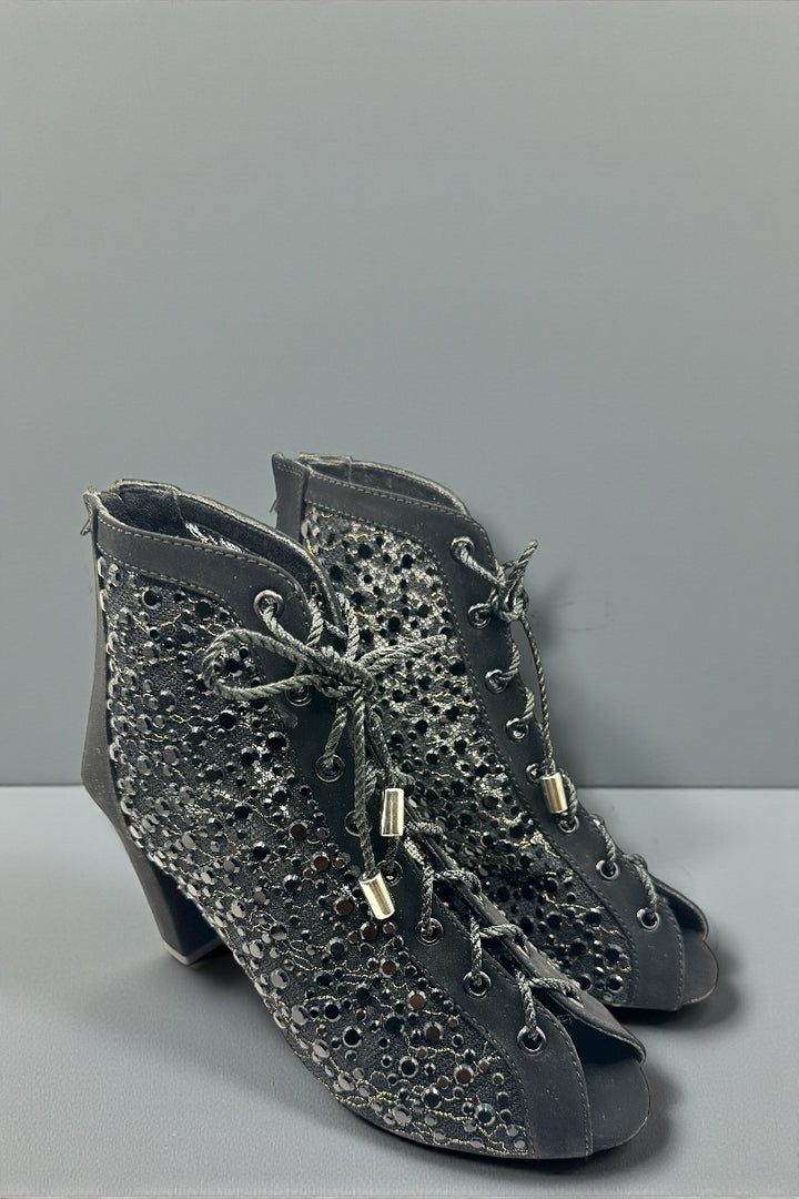 Black Crystal Embellished Mesh Lace-Up Peep-Toe Heels