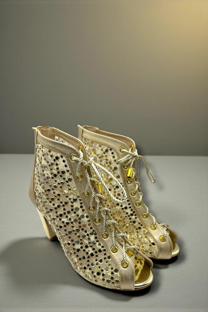 Golden Mesh Lace-Up Ethnic Heels with Cutwork & Peep-Toe Design