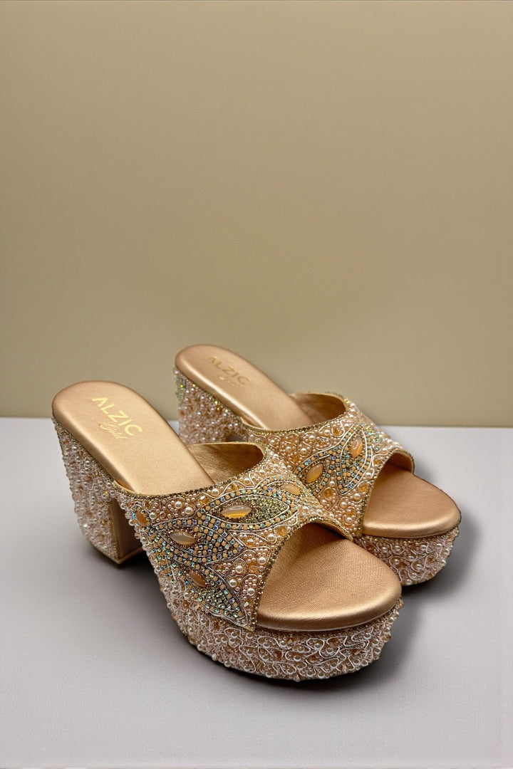 Gold Luxury Pearl & Crystal Hand-Embellished High Platform Designer Heels
