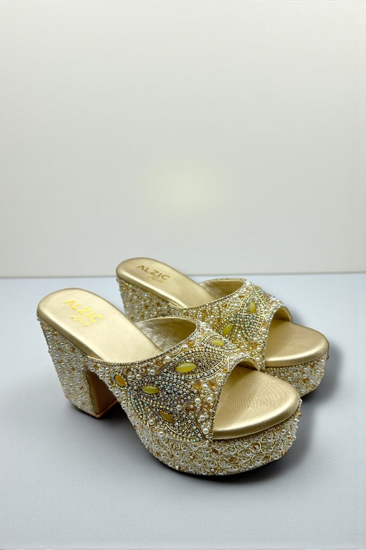 Royal Gold Handcrafted Pearl & Crystal Embellished Platform Heels