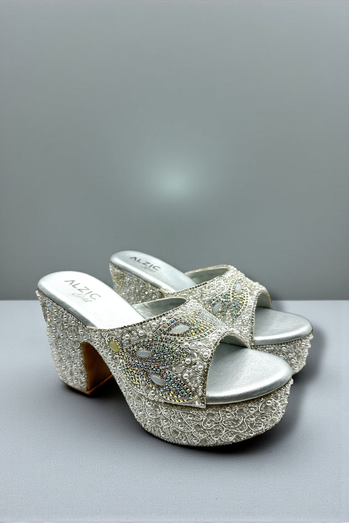 Silver Luxury Pearl & Crystal Hand-Embellished High Platform Designer Heels