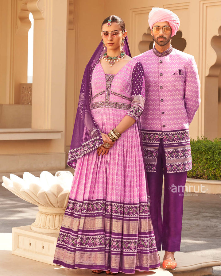 Pink Anarkali Dress and Men Blue Kurta Set