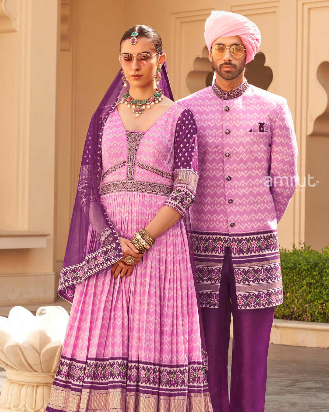 Pink Anarkali Dress and Men Blue Kurta Set