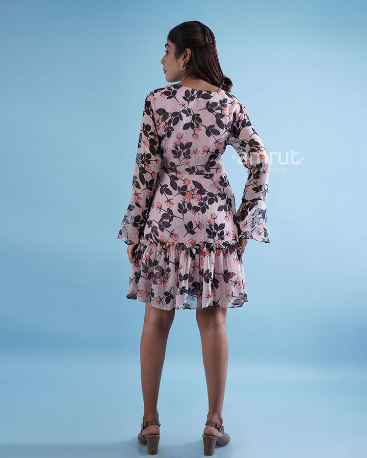 Pink Botanical Printed Knee Length Dress