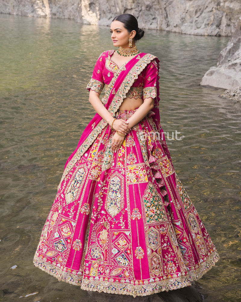 Pink Bridal Lehenga Set With Dupatta in Raw Silk With Hand Embroidery