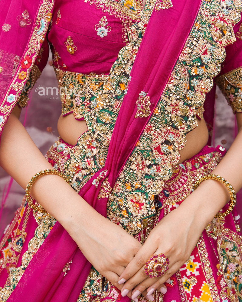 Pink Bridal Lehenga Set With Dupatta in Raw Silk With Hand Embroidery