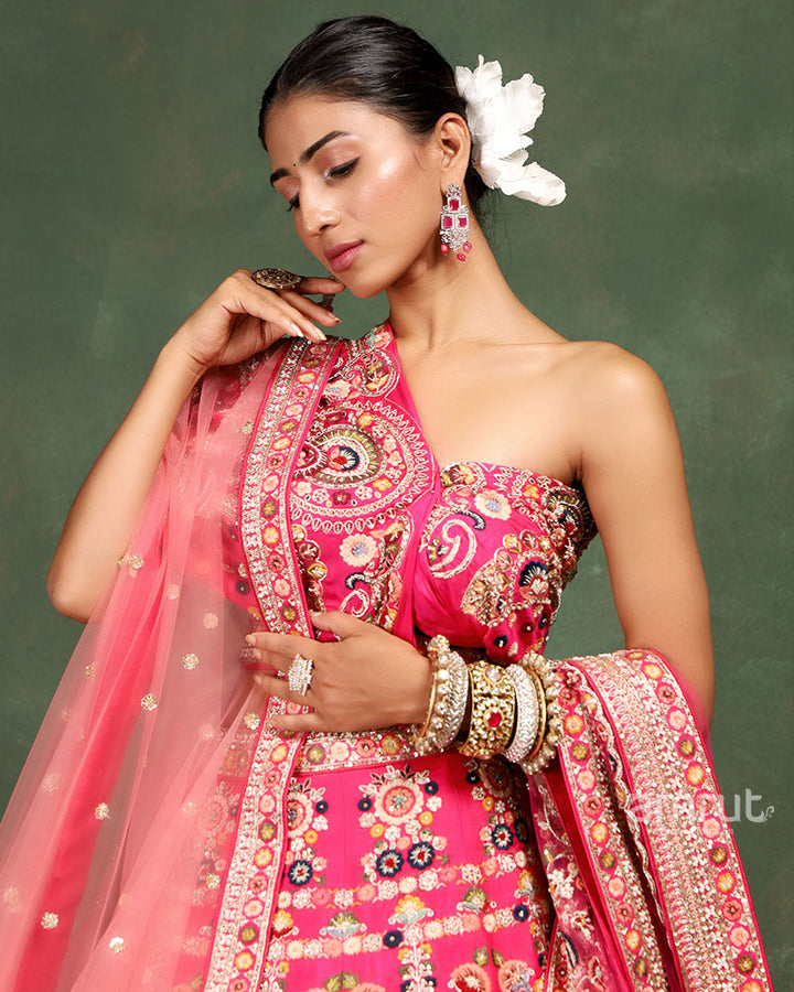 Pink Bridal Unstitched Lehenga Choli With Dupatta