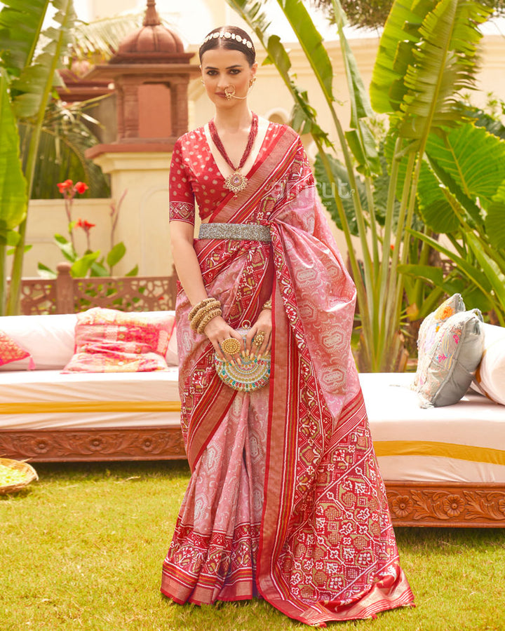 Pink Daisy Ikat Weave Printed Saree With Red Zari Woven Border