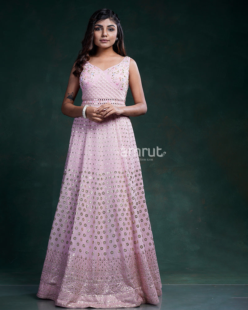Pink Embroidered Floral Gown In Georgette