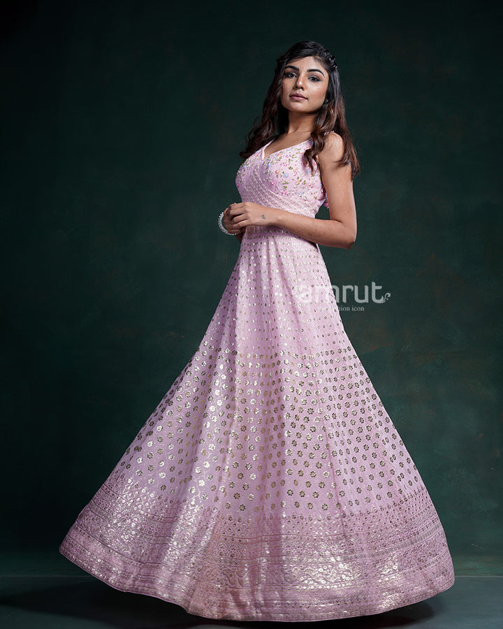 Pink Embroidered Floral Gown In Georgette