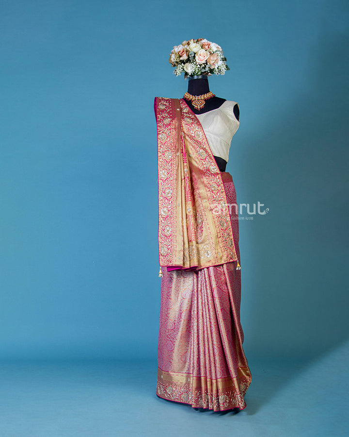 Pink Floral Work Silk Saree With Unstitched Blouse