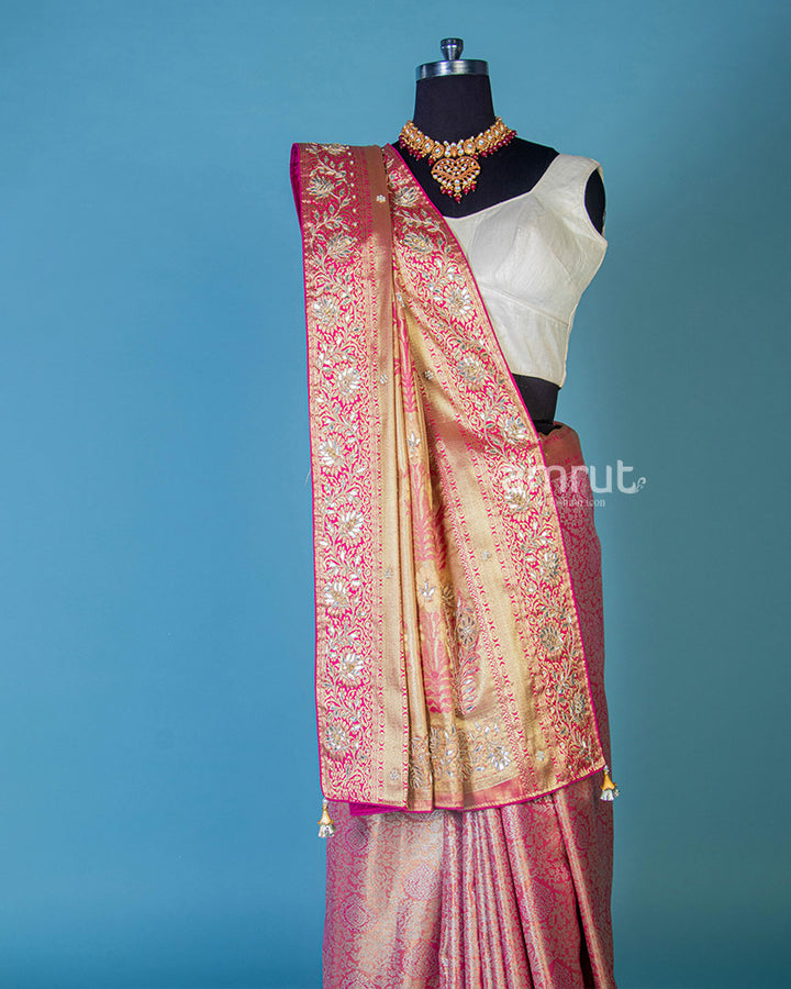 Pink Floral Work Silk Saree With Unstitched Blouse